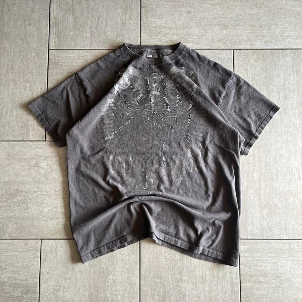 Urban Legends Skull Wings Graphic T-Shirt Faded Black Mens XL Distressed Tee
